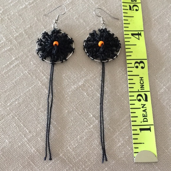 Boho Crocheted Black Pierced Earrings Handcrafted with Orange Accent Bead - Picture 4 of 4